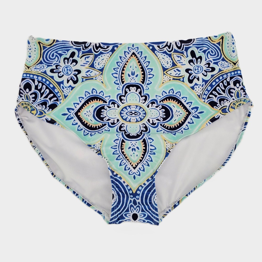 Dipinon High Waisted Swimsuit Bikini Bottoms XL Blue Green Paisley Full Coverage